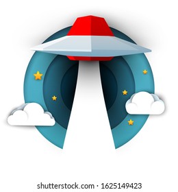 Ufo spaceship fly in blue sky with clouds and stars. Science concept inspiration. Paper art cartoon 3d realistic trendy craft style. Modern origami design template. Funny cute vector illustration.