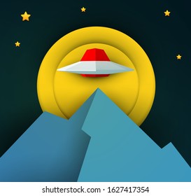 Ufo spaceship fly in night sky over mountains. Science concept inspiration. Paper art cartoon 3d realistic trendy craft style. Modern origami design template. Funny cute vector illustration.