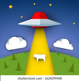 Ufo spaceship fly and stealing cow with light beam. Science concept inspiration. Paper art cartoon 3d realistic trendy craft style. Modern origami design template. Funny cute vector illustration.