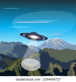 UFO spaceship flying over the mountains