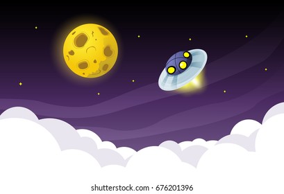 Ufo spaceship flying over the sky to the moon. Vector illustration.