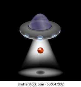 UFO . Spaceship . Flying saucer . plate .  Red ball levitates.  Alien ship . Rays of light Vector illustration