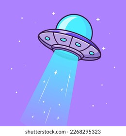 Ufo Spaceship Flying In Space Cartoon Vector Icon Illustration. Science Technology Icon Concept Isolated Premium Vector. Flat Cartoon Style