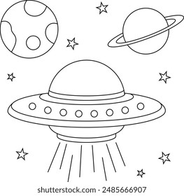 UFO and spaceship flying in space coloring page cute and funny outline colouring book