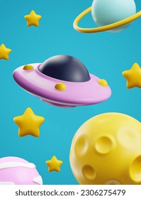 UFO spaceship flying in space, cute 3d poster, vector illustration. Colorful planets and stars. Concepts of space travel, aliens and universe.