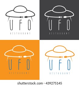 ufo spaceship with fork and spoon , concept restaurant vector design template