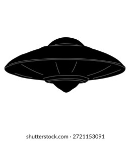 Vista frontal de la nave espacial OVNI en estilo de Vector de silueta negra limpia para conceptos de ciencia ficción y tecnología alienígena, perfecto para íconos, carteles, logotipos y elementos visuales futuristas.