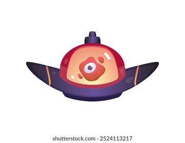 UFO. A spaceship with a funny cute alien inside. Flying saucer with a red one-eyed monster. Happy character. Extraterrestrial shuttle. Cartoon style. Vector illustration isolated on white background.