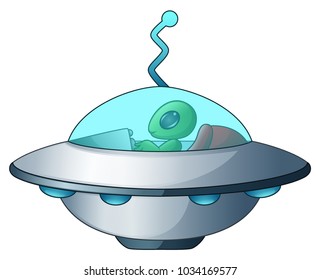 UFO spaceship with green alien on white background