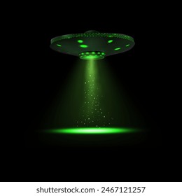 UFO spaceship with green glowing lights hovering in dark sky. Beam of green light shining down with small particles floating. Vector illustration of extraterrestrial concept.