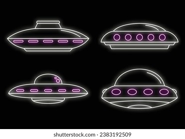 UFO spaceship icon set. Outline set of UFO spaceship vector icons neon color on black