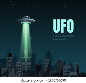 UFO spaceship with a light beam flying over the city. UFO day Vector illustration