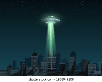 UFO spaceship with a light beam flying over the city. UFO day Vector illustration