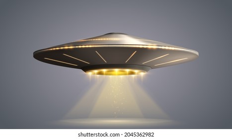 UFO spaceship with light beam isolated on transparent background. Vector illustration