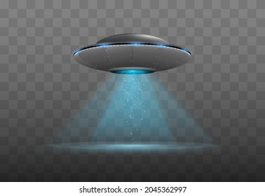 UFO spaceship with light beam isolated. Vector illustration of flying alien ship