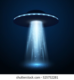 UFO Spaceship With Light Beam Isolated. Vector Illustration