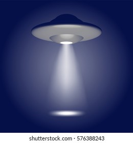 UFO spaceship with light beam isolated. Vector illustration.  Design element.  