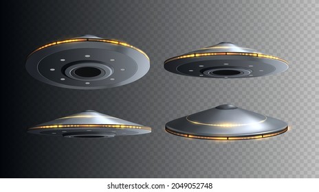 Nave espacial OVNI con luces aisladas. Conjunto de naves espaciales vectoriales que vuelan en 3d alienígenas.