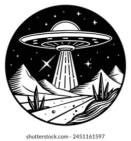 UFO Spaceship Logo Monochrome Design Style illustration vector