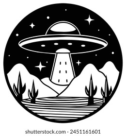 UFO Spaceship Logo Monochrome Design Style illustration vector