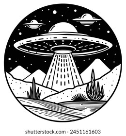 UFO Spaceship Logo Monochrome Design Style illustration vector