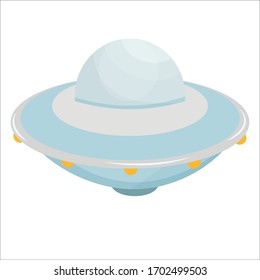 UFO spaceship, mistery object in light blue metallic colours in vector design. Graphic clipart, cosmic ship isolated on white background.