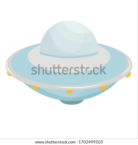 UFO spaceship, mistery object in light blue metallic colours in vector design. Graphic clipart, cosmic ship isolated on white background.