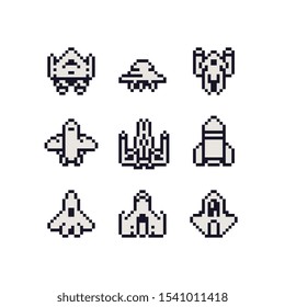 Ufo spaceship pixel art icon set. Cute spacecraft logo for game. Design for sticker, mobile app and embroidery. Game assets 8-bit sprite. 8-bit. Isolated vector illustration. 