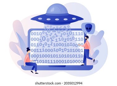 UFO spaceship with ray of light abducts data computer. Space concept. Alien. Futuristic unknown flying object. World Contact day. Modern flat cartoon style. Vector illustration on white background