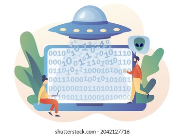 UFO spaceship with ray of light abducts data computer. World Contact day. Space concept. Alien. Futuristic unknown flying object. Modern flat cartoon style. Vector illustration on white background