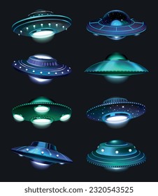 Ufo spaceship realistic icons set with alien spacecrafts in color lights isolated vector illustration