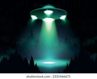 Ufo spaceship realistic poster with alien spacecraft under night forest vector illustration