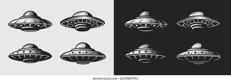 UFO, Spaceship retro icons isolated. Vintage UFO, Flying Saucer set isolated on white and black backgrounds. UFO logo. Vector illustration