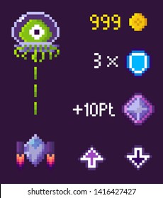 Ufo And Spaceship Shooting, Coins And Crystals, Arrows Symbols, Purple Video-game In Pixelated Style, Rocket And Monster Battle, Pixel Game Vector