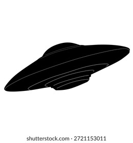 Vista lateral de la nave espacial OVNI en estilo de Vector de silueta negra simple para diseños futuristas y temas de ciencia ficción, perfecto para iconos, infografías y proyectos creativos.