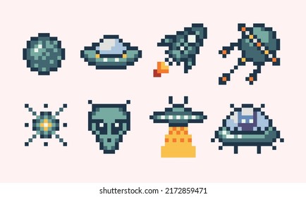 UFO, spaceship, spacecraft pixel art set. Alien ships, rocket collection. Technology extraterrestrial civilization. 8 bit sprite. Game development, mobile app.  Isolated vector illustration.