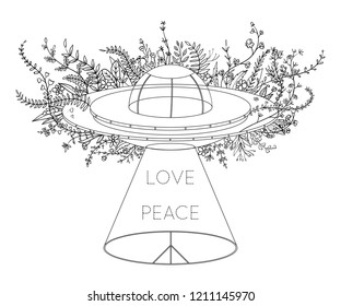 UFO spaceship. Unidentified flying object with light beam, flowers and hippie peace symbol. Peace, love sign. Design concept for tattoo, banner, card, t-shirt, print, poster. Vector illustration