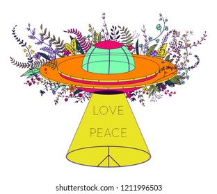 UFO spaceship. Unidentified flying object with light beam, flowers and hippie peace symbol. Peace, love sign. Design concept for tattoo, banner, card, t-shirt, print, poster. Vector illustration