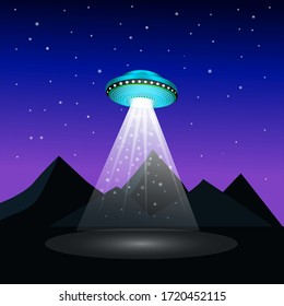 UFO spaceship. Unidentified flying object with light beam. 