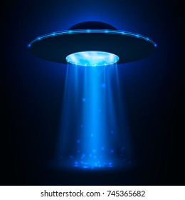 UFO Spaceship. Unidentified Flying Object With Light Beam. Vector Illustration