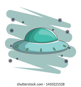 UFO spaceship universe alien cartoon  over blue splash background with stars vector illustration graphic design