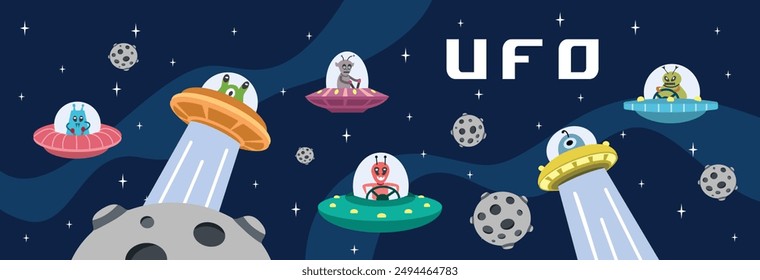 Ufo spaceship vector illustration. Alien illustration. Colorful ufo spaceship. Set of space illustration.