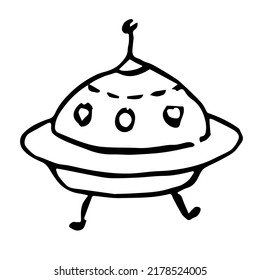 UFO Spaceship. Vector Image Of An Alien Ship, Contour Drawing, Doodle.