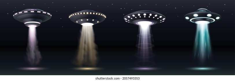 naves espaciales de OVNI. Espacios alienígenas realistas se envían con rayos de luz, humo y chispas sobre un cielo oscuro con estrellas. Saltadores con iluminación brillante y rayo vertical para el secuestro. Ilustración vectorial realista
