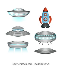 UFO spaceships and rocket set. Space vehicles cartoon vector illustration