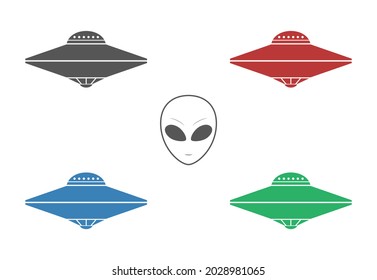 ufo spaseship and alien icon set isolated on white background