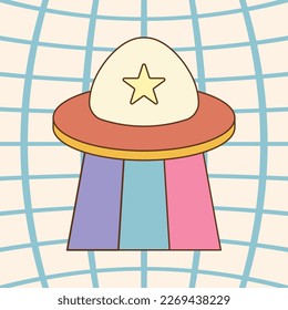UFO with star and rainbow beam background. Retro groovy poster.