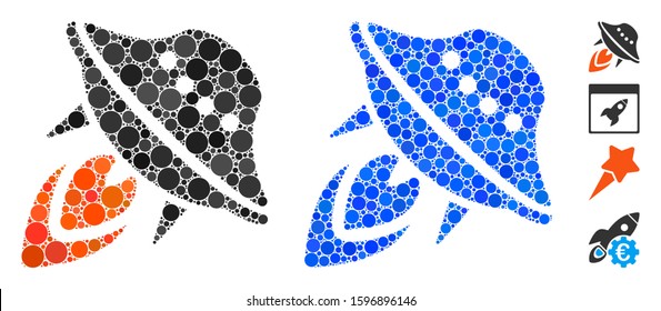 UFO start mosaic of small circles in various sizes and color tinges, based on UFO start icon. Vector small circles are united into blue composition. Dotted UFO start icon in usual and blue versions.