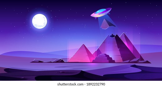 Ufo steal Egypt pyramids top in night desert, alien saucer pull piece of egyptian pharaoh tomb in light beam. Extraterrestrial invasion at ancient famous african landmark Cartoon vector illustration