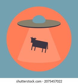 UFO Stealing Cow Icon in Retro and Vintage Color Style.